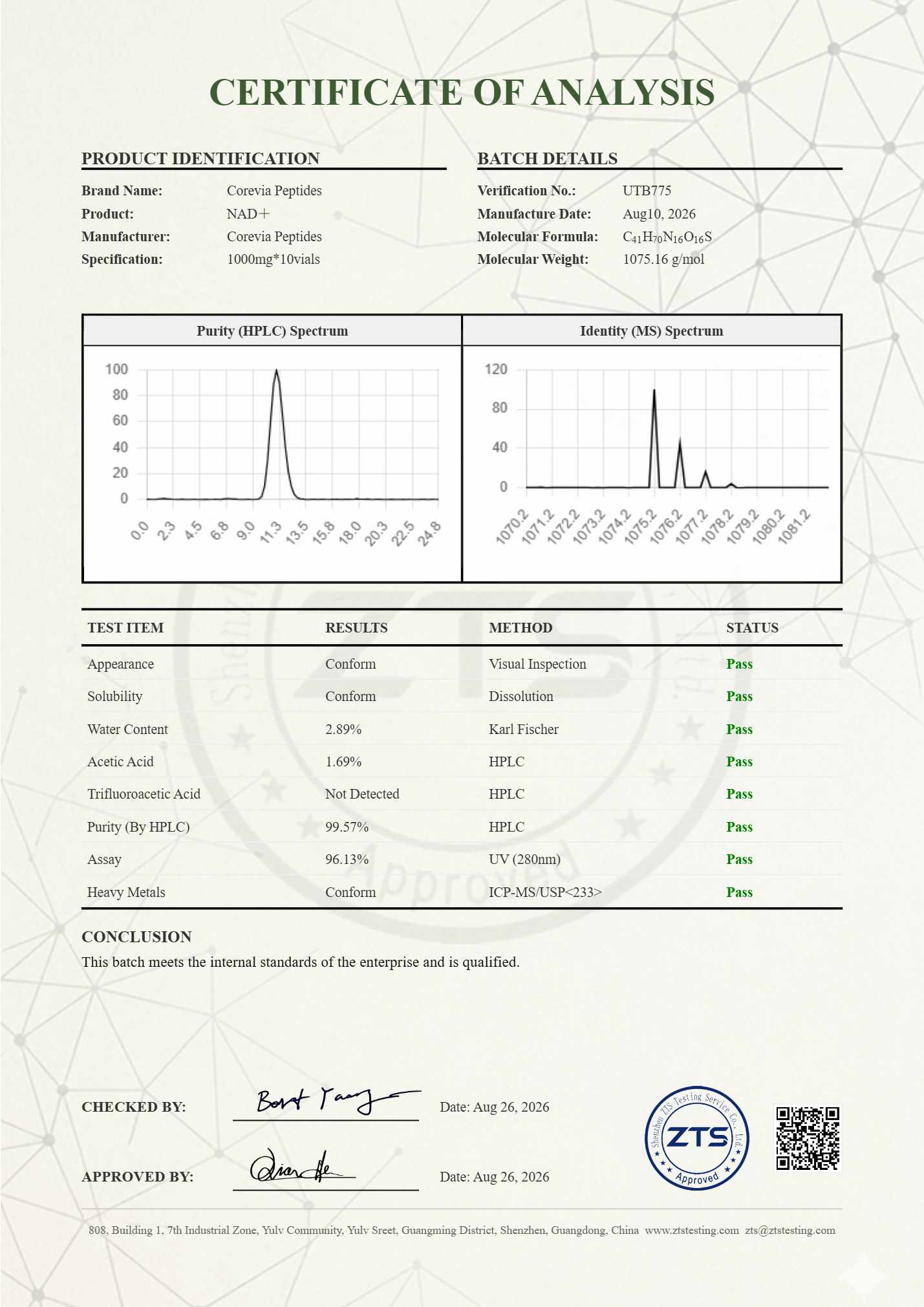 NAD+ 1000mg × 10 vials certificate of analysis